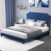 Queen size velvet platform bed in blue with a button tufted headboard, designed for elegance and under-bed storage.