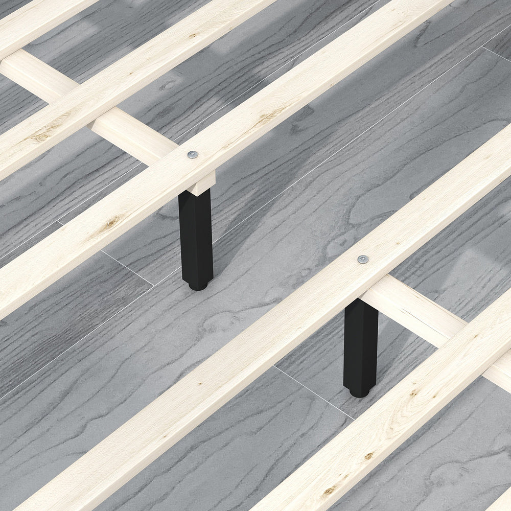 Close-up of wooden slats and rubber wood legs for the Queen Size Velvet Platform Bed, ensuring sturdy support and.