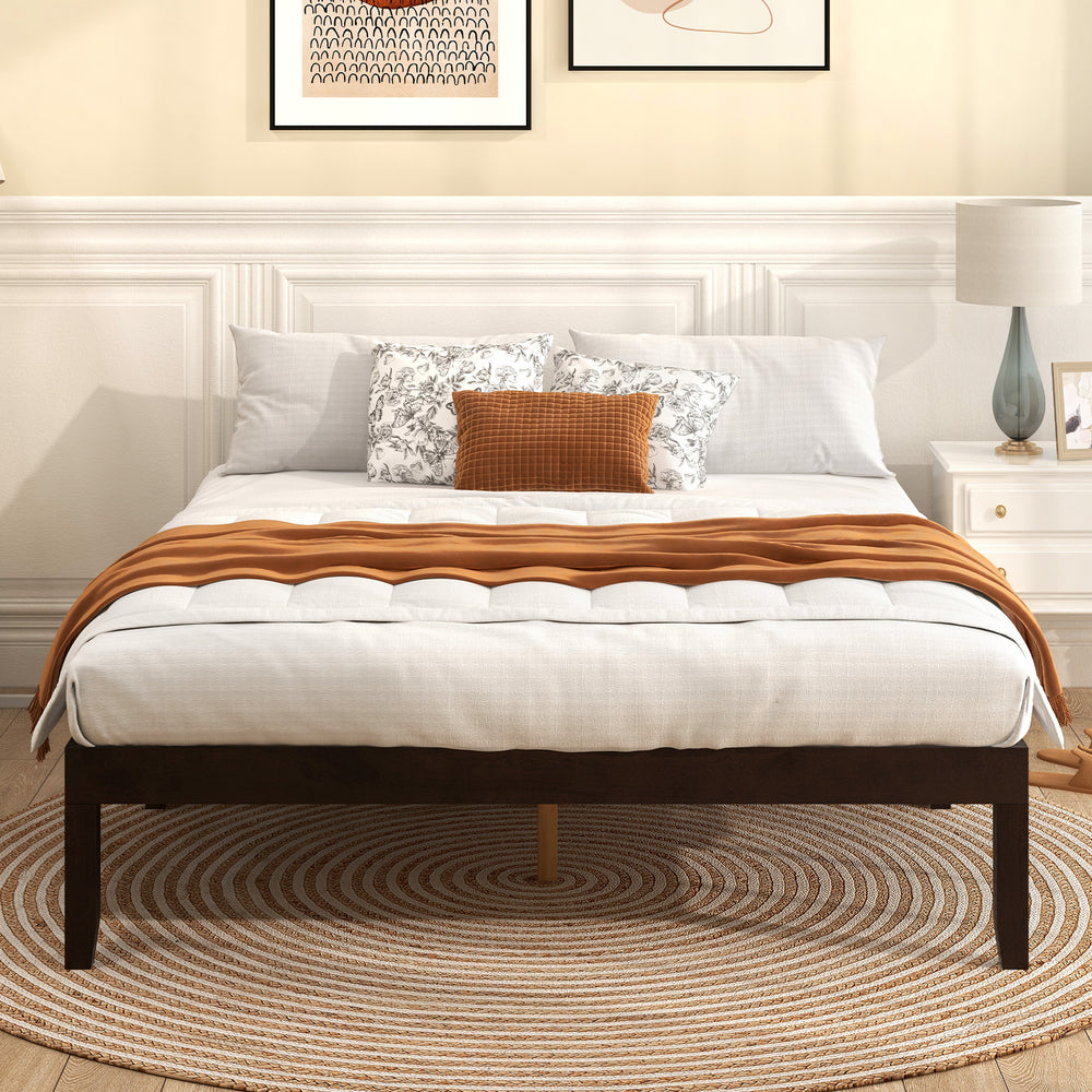 Queen size wood bed frame in espresso with a sleek design, featuring adjustable foot pads for balance on uneven.