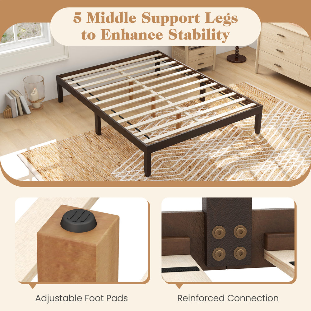 Queen size wood bed frame with wooden slats, espresso finish, featuring 5 middle support legs for enhanced stability.