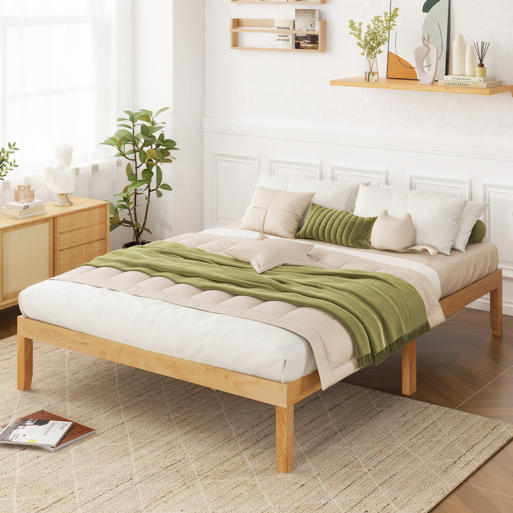 Queen Size Wood Bed Frame with Wooden Slats Support and Rubber Wood Legs-Natural - Gallery View 1 of 9