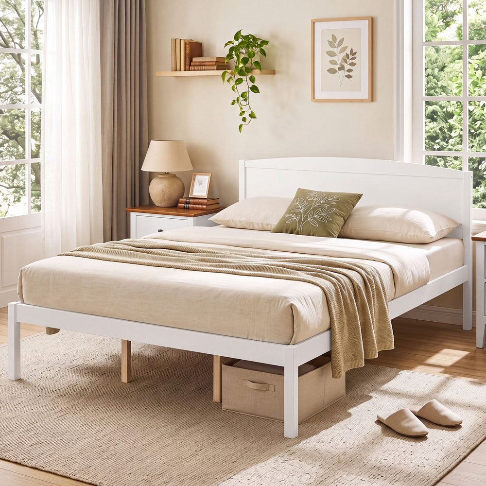 Queen Size Wooden Platform Bed Frame with Curved Headboard-White - Gallery View 1 of 9