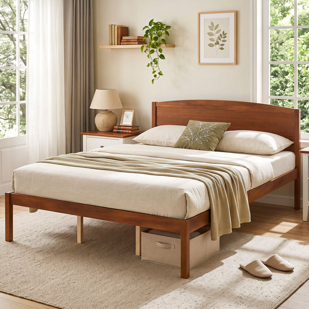 Queen size wooden platform bed frame with curved headboard in walnut finish, featuring minimalist design and sturdy support.