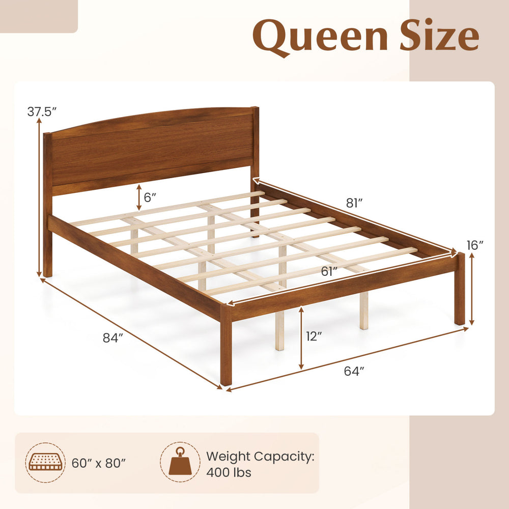 Queen size wooden platform bed frame in walnut with a curved headboard, featuring 12" under-bed storage space.