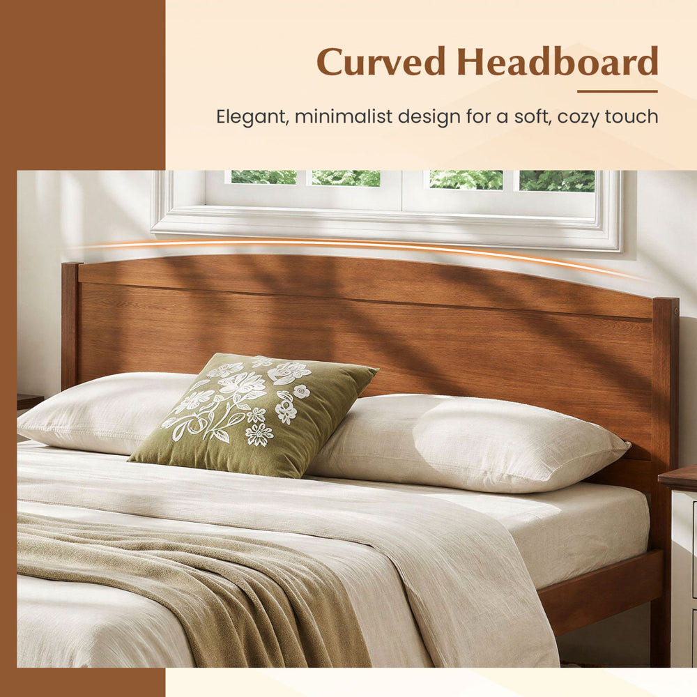 Queen size wooden platform bed frame with a curved headboard in walnut, featuring minimalist design and sturdy support.