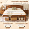 Queen size wooden platform bed frame with curved headboard, featuring an embedded design for no sliding and 12" under-bed storage.