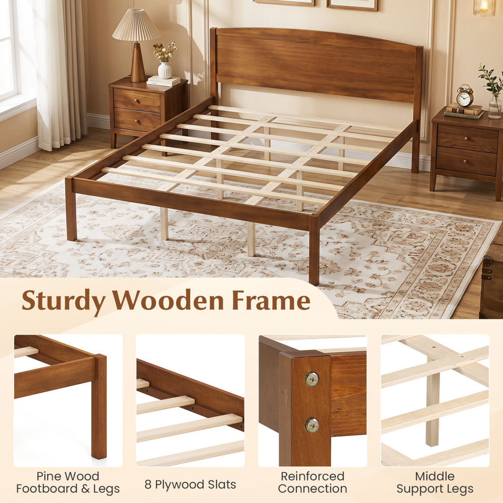 Queen size wooden platform bed frame with a curved headboard, featuring pine wood construction and 8 plywood slats for support.