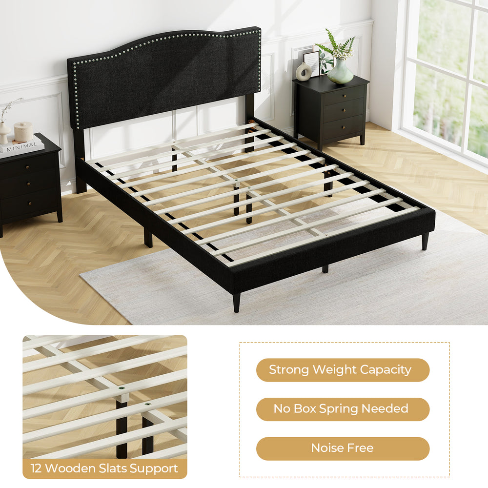 Queen size upholstered bed frame with nailhead trim headboard, featuring 12 wooden slats for mattress support and.