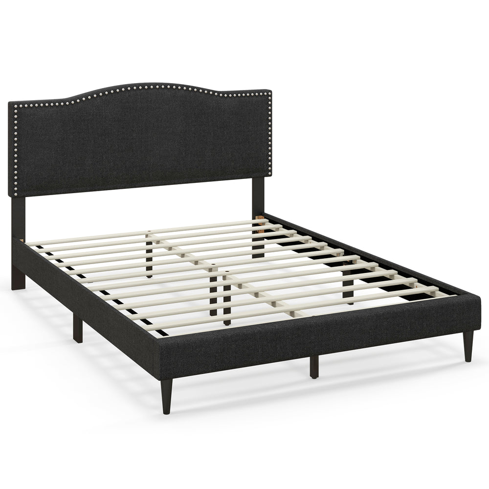 Queen size upholstered bed frame with nailhead trim headboard, featuring sturdy wooden slats and under-bed storage.