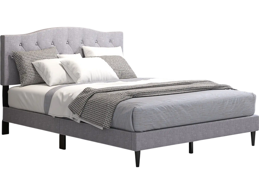 Queen size upholstered platform bed with button tufted headboard, durable linen fabric, and under-bed storage for.