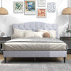 Queen size upholstered platform bed with button tufted headboard, featuring durable linen fabric and under-bed storage.