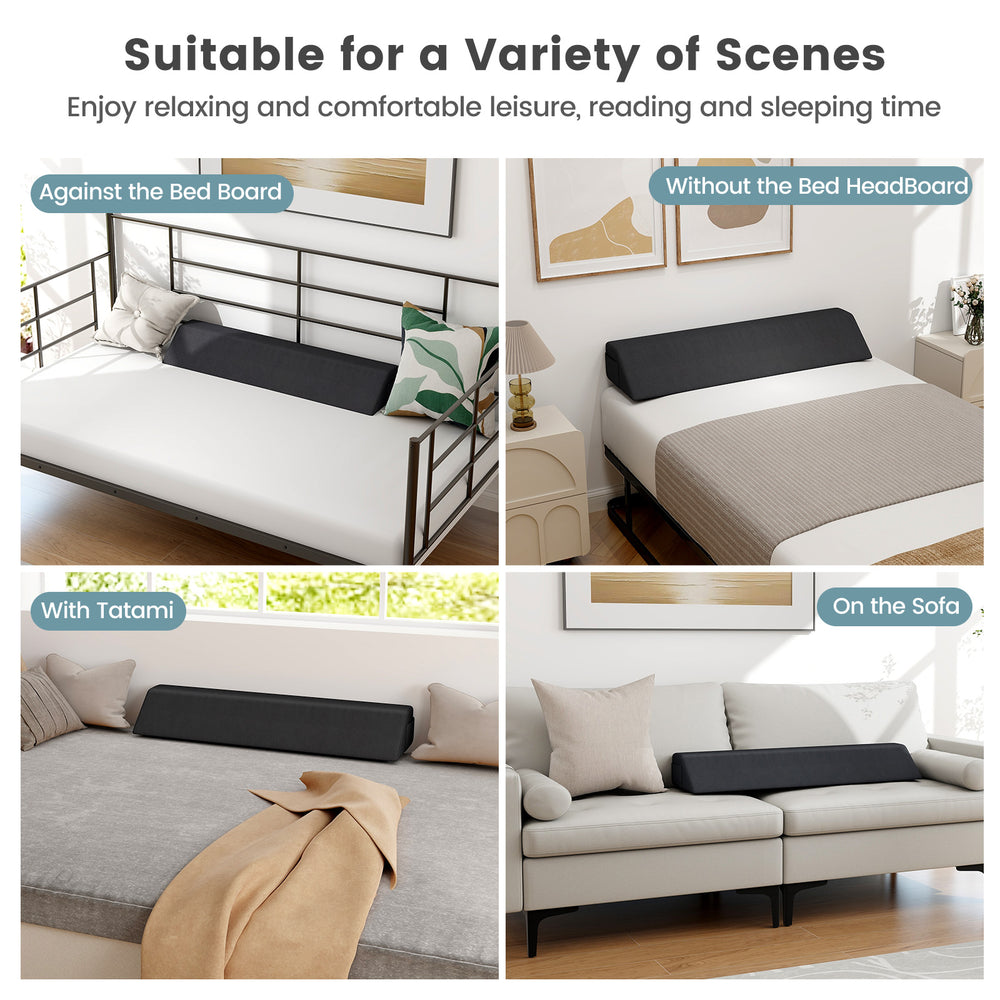 Bed wedge pillow with storage bag, shown in various settings, supports spinal alignment and enhances comfort for.
