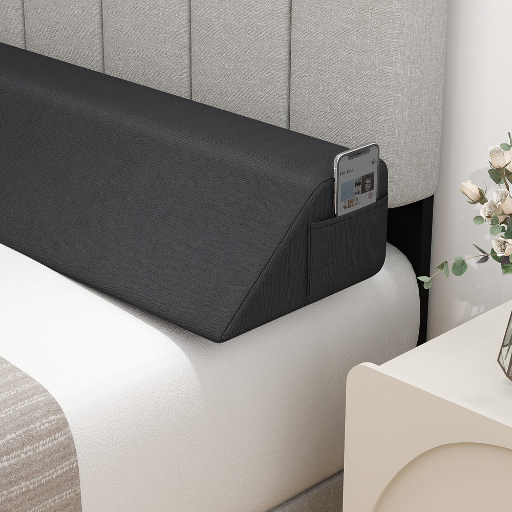 Bed wedge pillow with storage bag, designed to fill gaps and support spinal alignment, perfect for comfortable lounging.