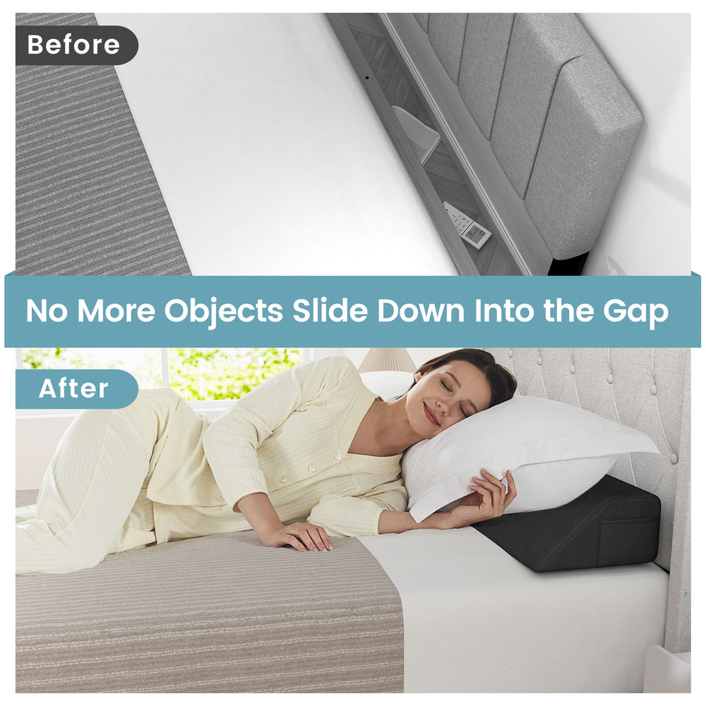 Trapezoidal bed wedge pillow with storage pockets, designed to fill gaps and support spinal alignment for comfort.