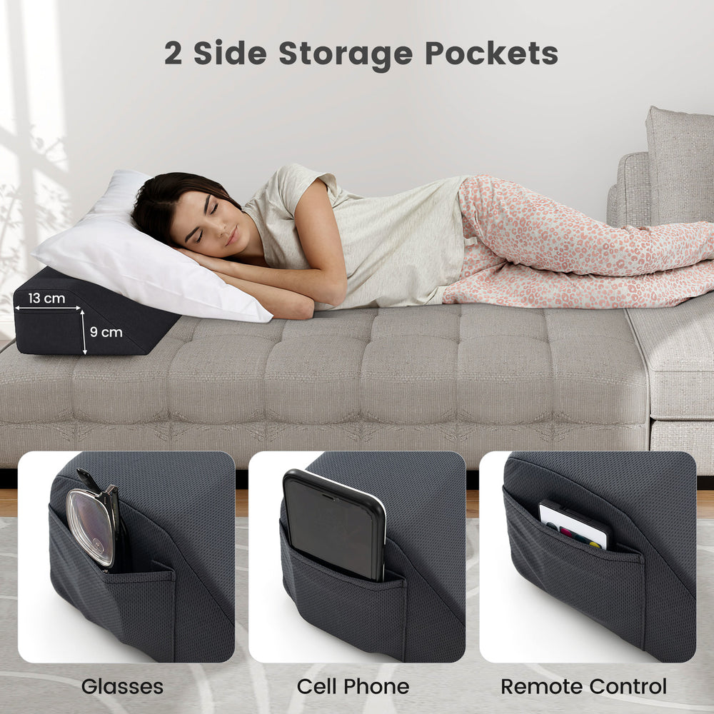 Bed wedge pillow with storage pockets, featuring a breathable cover and firm sponge for optimal spinal alignment.