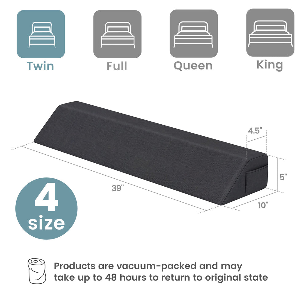 Twin size bed wedge pillow with storage bag, trapezoidal design for gap filling and optimal spinal alignment.