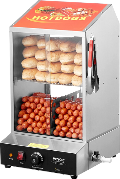 Vevor Hot Dog Steamer 39 Qt Commercial 2-Tier Electric Warmer with Sliding Glass Doors New