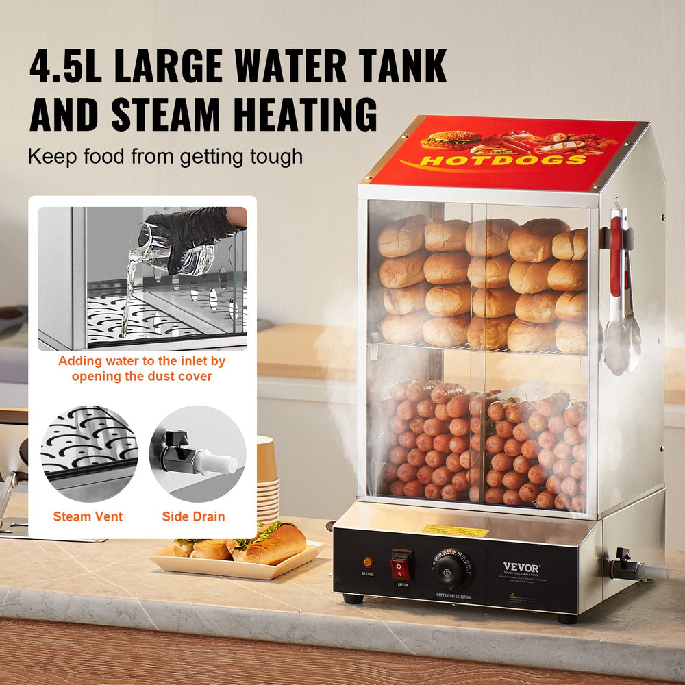 Vevor Hot Dog Steamer 39 Qt Commercial 2-Tier Electric Warmer with Sliding Glass Doors New