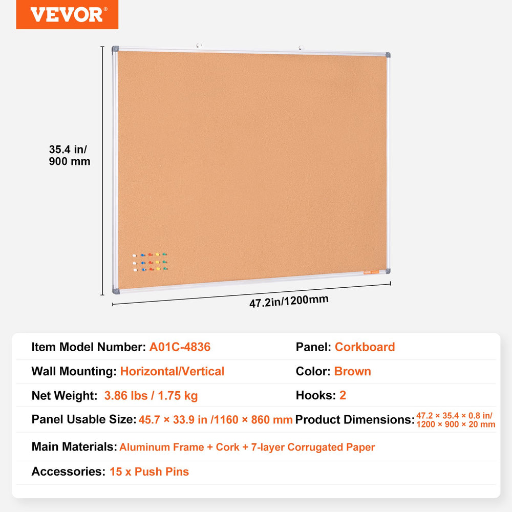 Vevor Cork Board 48" x 36" Large Wall-Mounted Bulletin Board with Push Pins New