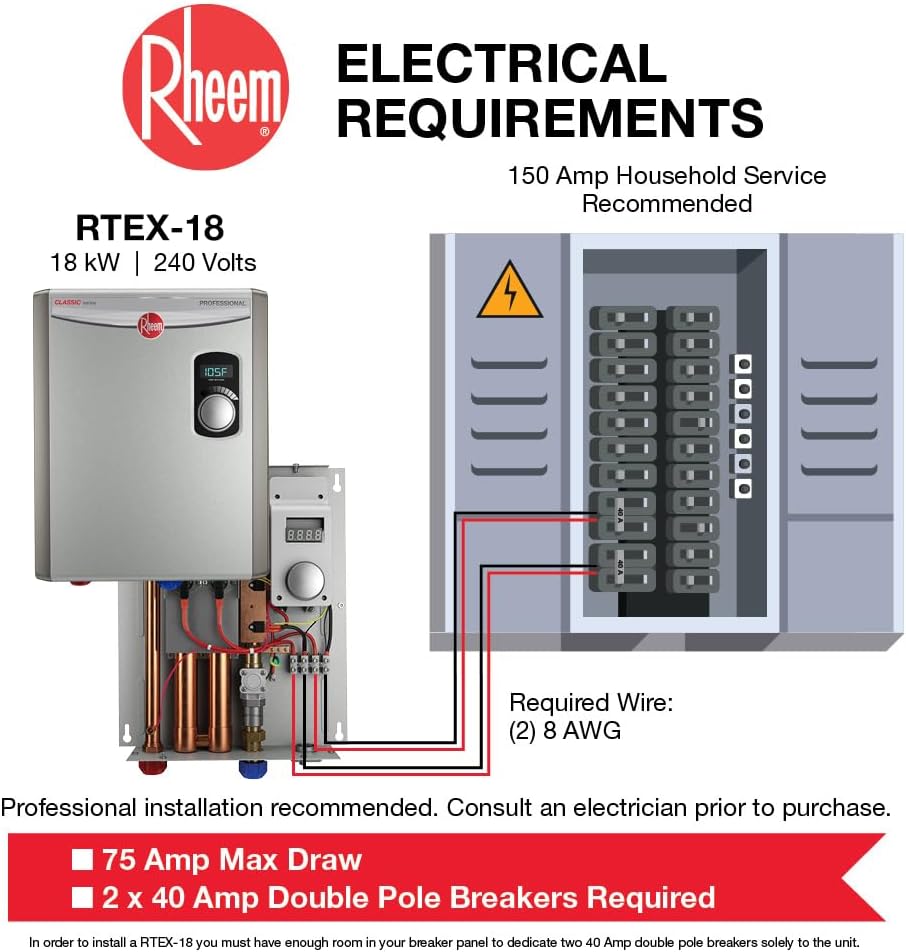 Rheem RTEX-18 Classic 18 kW 4.4 GPM 240V Indoor Tankless Electric Water Heater New