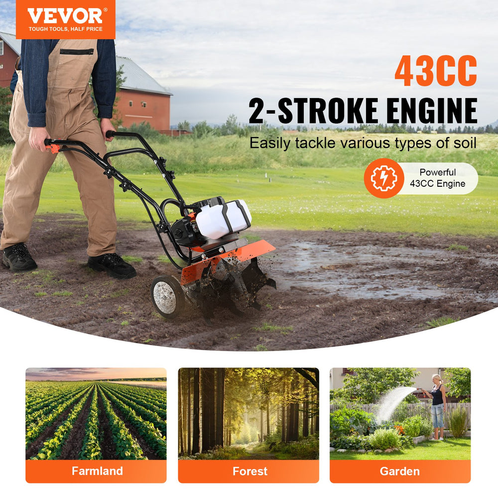 Vevor Tiller Cultivator 43CC 2-Stroke Engine with 4 Adjustable Steel Tines New