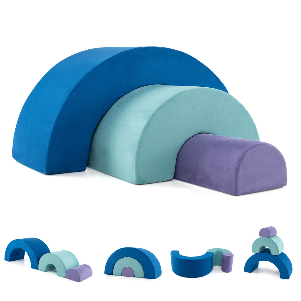Rainbow Arc Climber Playset with multicolor foam blocks for kids, ideal for playrooms and developing essential skills.