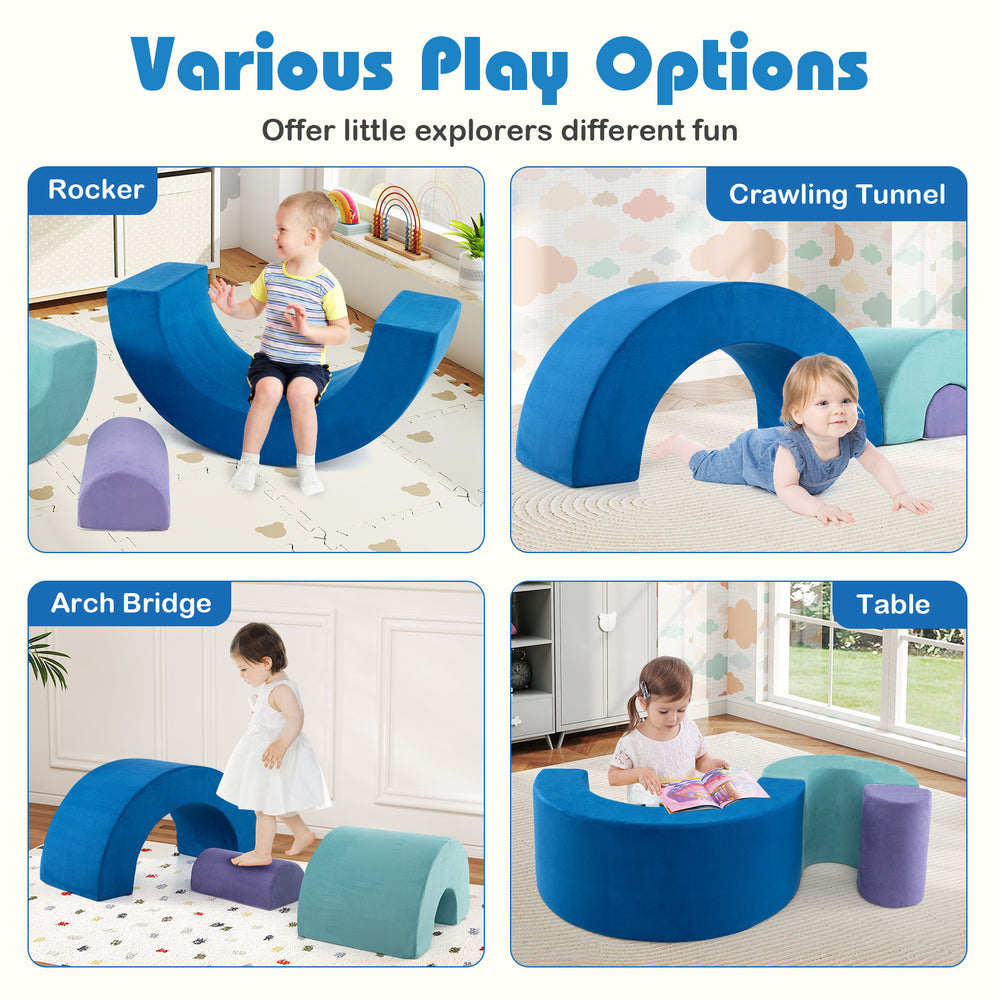 Rainbow Arc Climber Playset with foam blocks for kids, featuring a rocker, crawling tunnel, and table for versatile.