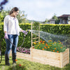 Raised garden bed with trellis in natural fir wood, featuring vibrant flowers and a gardener watering plants.