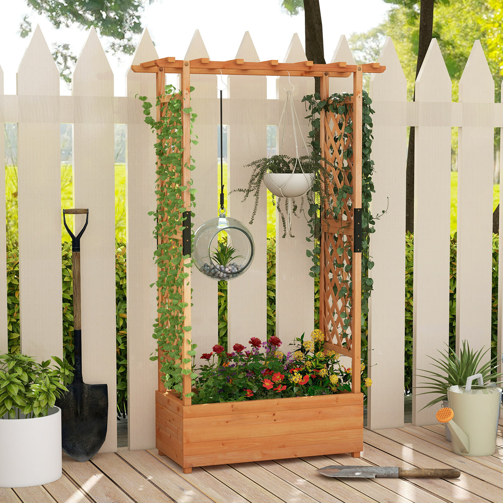 Raised garden bed with arch trellis in natural fir wood, ideal for climbing plants and flower baskets in outdoor spaces.