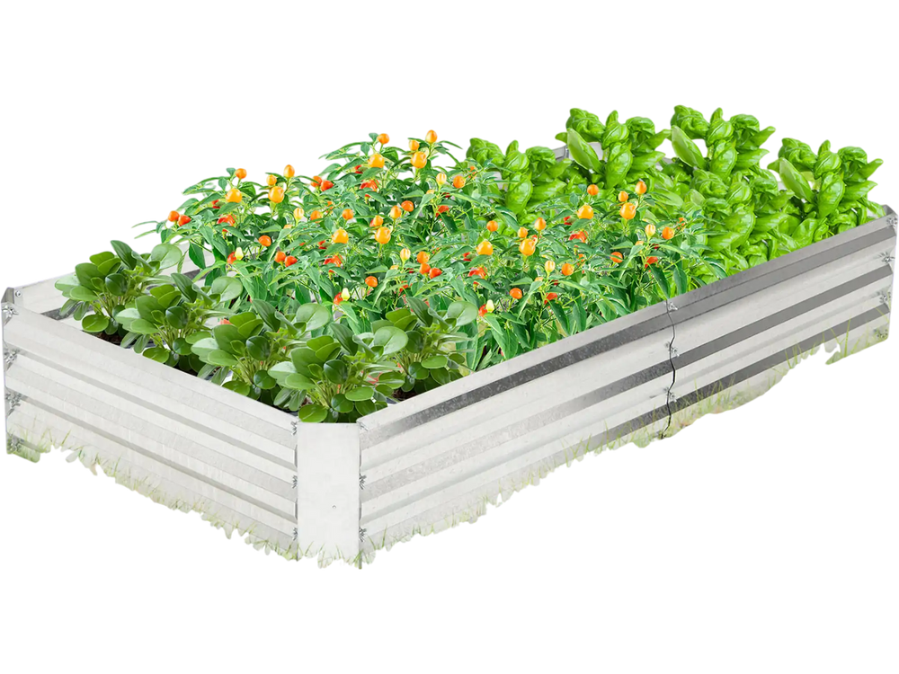 Metal galvanized raised garden bed, 6 x 3 ft, filled with vegetables and flowers, ideal for outdoor gardening.