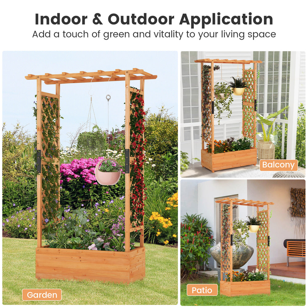 Raised garden bed with arch trellis made of fir wood, perfect for climbing plants and outdoor decoration.