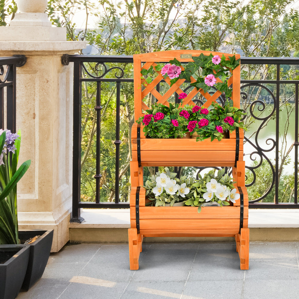 2-tier raised garden bed in orange with cylindrical planter boxes and trellis, perfect for balcony or patio gardening.