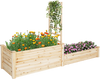 Raised garden bed with trellis in natural fir wood, featuring two planter boxes for flowers and climbing plants.