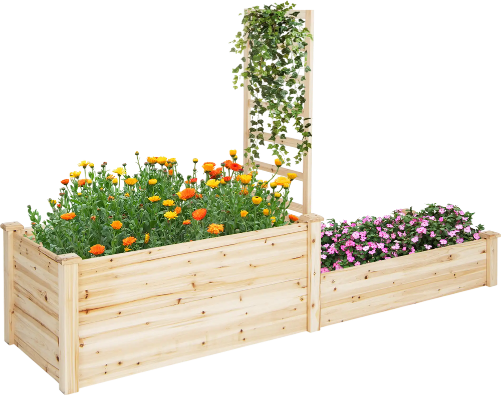 Raised garden bed with trellis in natural fir wood, featuring two planter boxes for flowers and climbing plants.