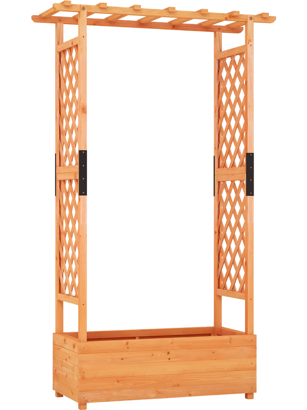Raised garden bed with arch trellis in natural fir wood, ideal for climbing plants and stylish outdoor decor.