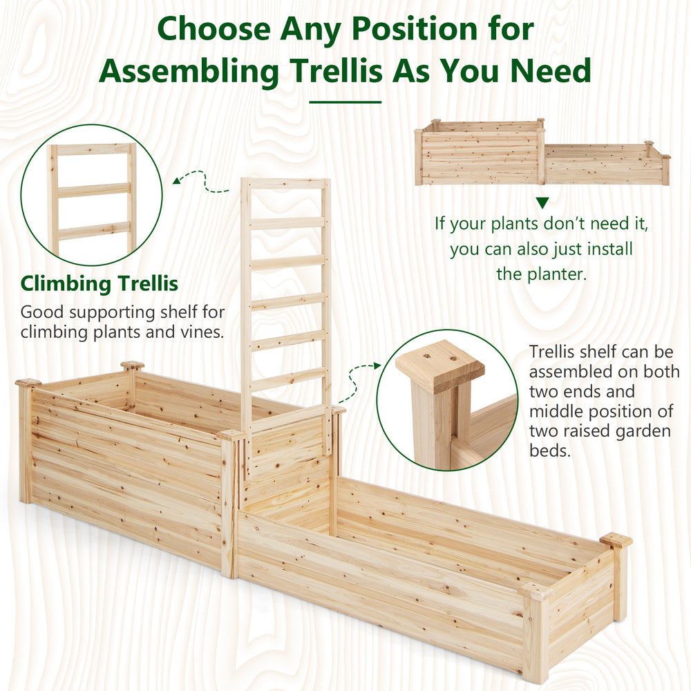 Raised garden bed with detachable trellis in natural fir wood, designed for climbing plants and easy assembly.