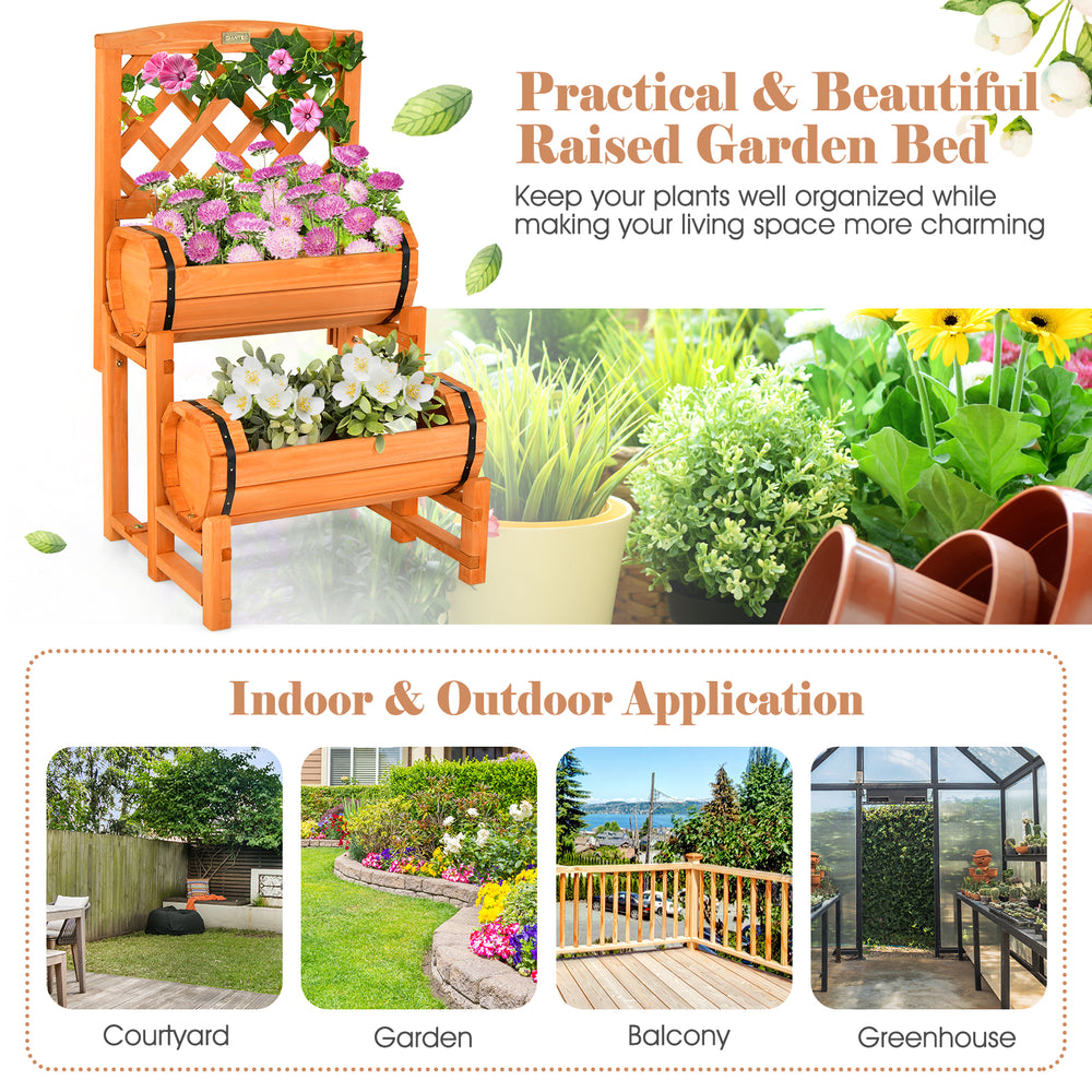 2-tier raised garden bed with cylindrical planter boxes and trellis, crafted from sturdy fir wood for outdoor use.