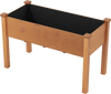 Raised garden bed with legs in brown wood, featuring drainage holes and a black liner for soil retention, ideal for.