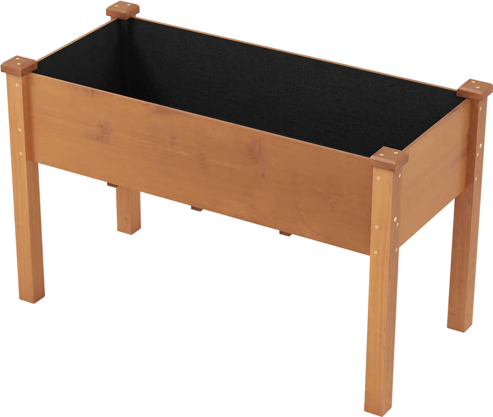 Raised garden bed with legs in brown wood, featuring drainage holes and a black liner for soil retention, ideal for.