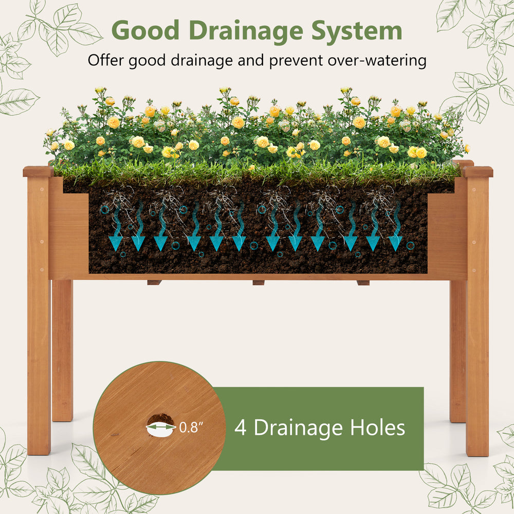 Raised garden bed with legs showcasing drainage holes, ideal for healthy plant growth in a backyard setting.