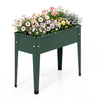 Elevated metal gardening box in green with flowers, designed for easy planting and excellent weather resistance.