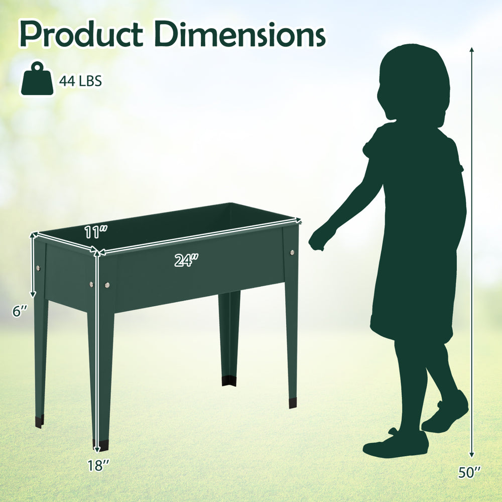 Elevated green metal gardening box with legs, measuring 24" x 18" x 6", ideal for growing plants without bending.