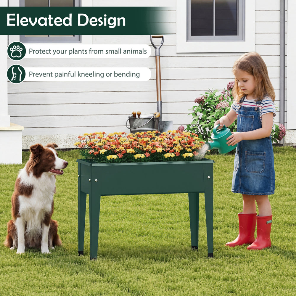 Elevated metal gardening box in green, designed for easy planting without bending, perfect for flowers and vegetables.