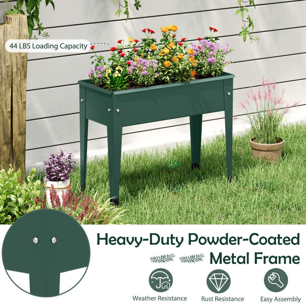 Elevated green metal gardening box with legs, featuring a 44 lbs capacity, weather resistance, and easy assembly for.