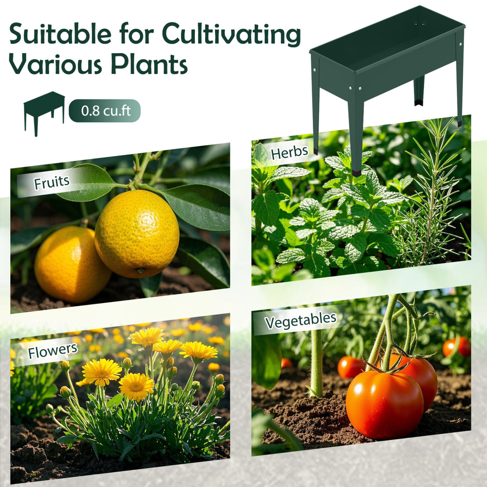 Elevated metal gardening box in green, perfect for growing fruits, vegetables, herbs, and flowers with excellent.