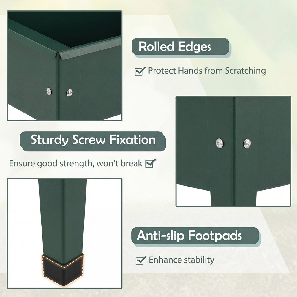 Close-up of the green raised garden bed's rolled edges and sturdy screw fixation, enhancing stability for plant growth.