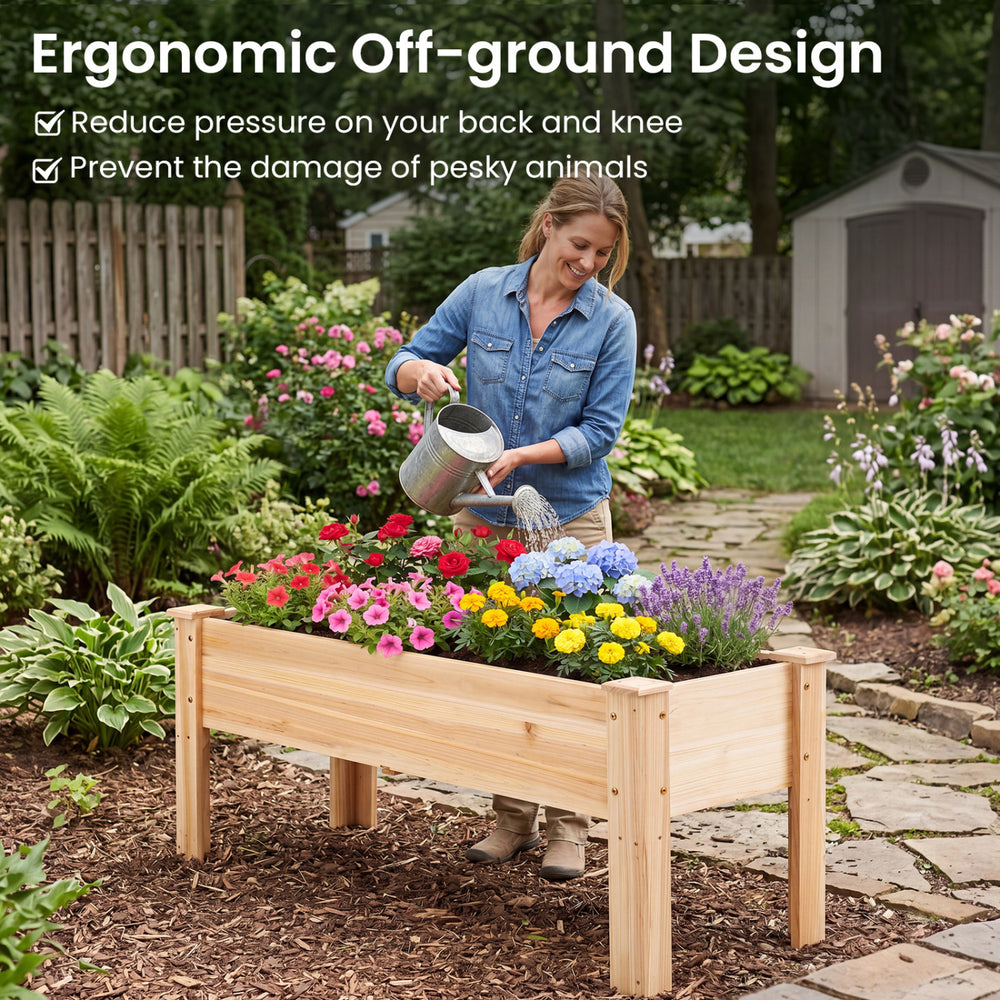 Elevated wooden planter box made of solid fir, designed for easy gardening of vegetables and flowers in any space.