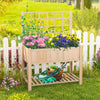 Elevated wooden planter box with trellis, measuring 48" x 23" x 63", perfect for growing plants and storing tools.