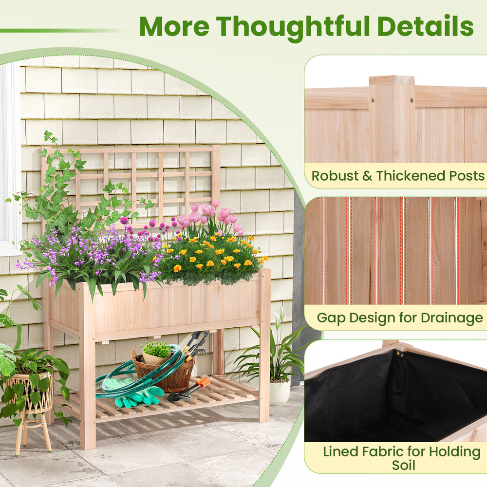 Elevated wooden planter box with trellis, 48"x23"x63", crafted from fir wood, ideal for growing climbing plants.
