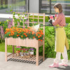 Elevated wooden planter box with trellis, 48"x23"x63", perfect for growing plants and storing gardening tools outdoors.